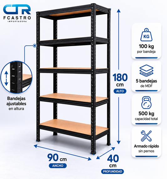 Estante Metálico 180x90x40 Negro 500 Kg | Rack Organizador Multiuso para Bodega, Hogar y Oficina