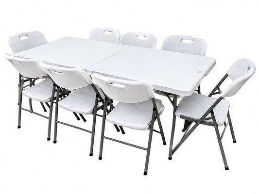 Pack Mesa Plegable Blanca 180 cm + 8 Sillas Reforzadas 200 kg
