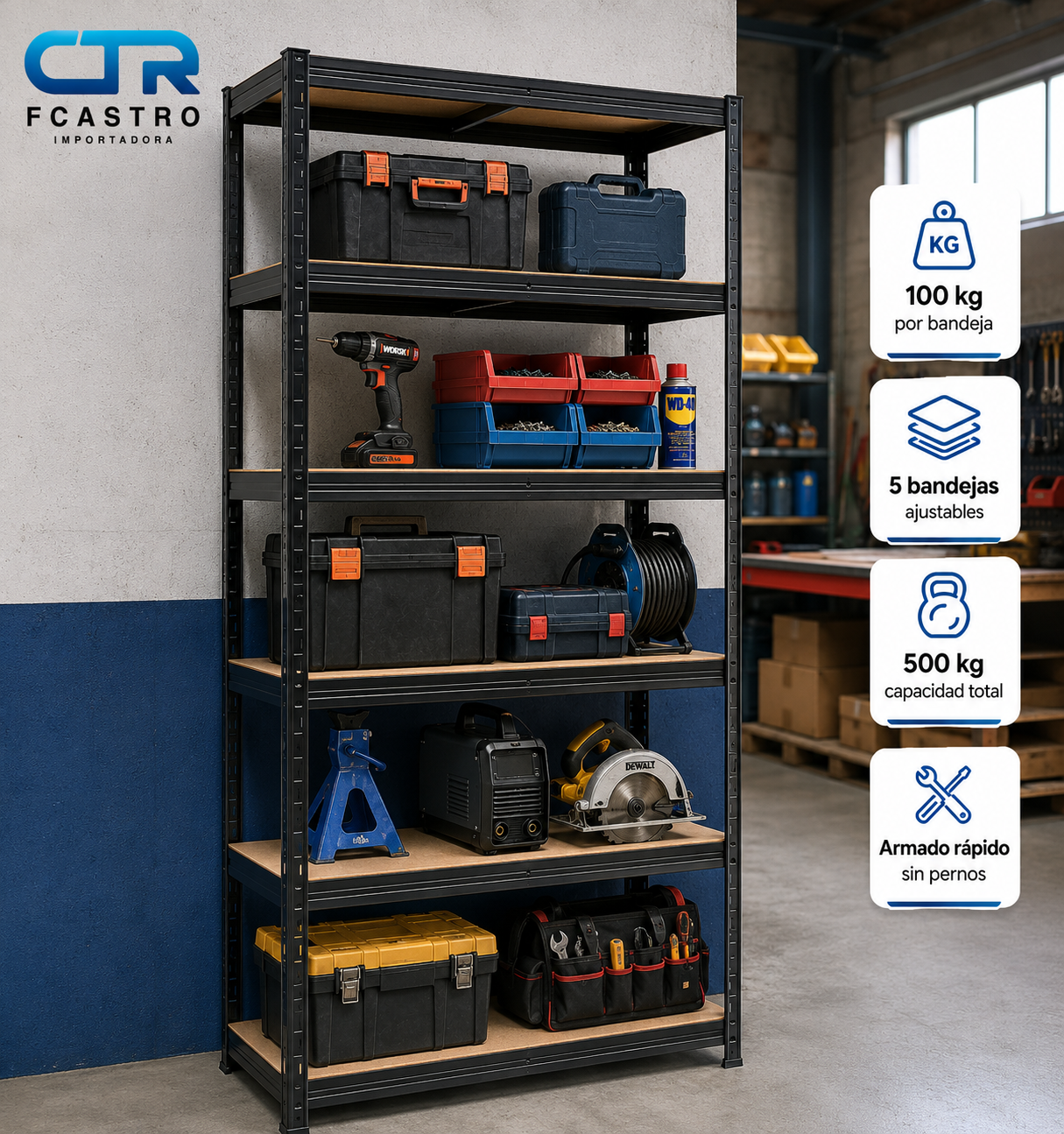 Estante Metálico 180x90x40 Negro 500 Kg | Rack Organizador Multiuso para Bodega, Hogar y Oficina
