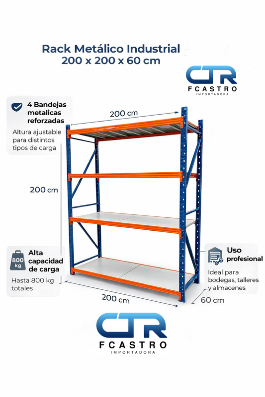 Estante Industrial Metálico 200x200x60cm para 800kg – Almacenaje Robusto y Seguro