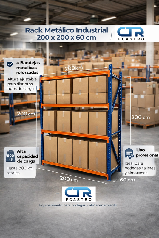 Estante Industrial Metálico 200x200x60cm para 800kg – Almacenaje Robusto y Seguro