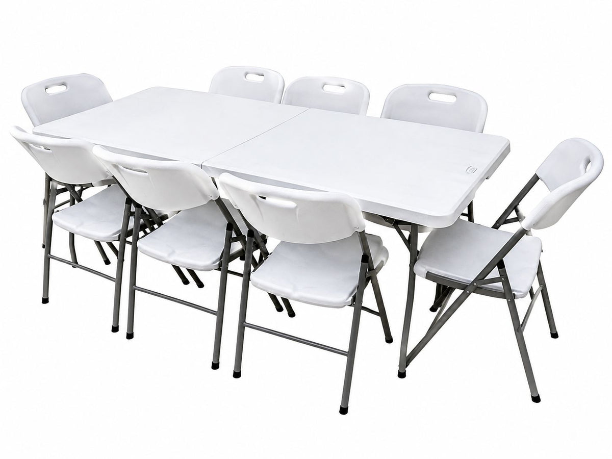 Pack Mesa Plegable Blanca 180 cm + 8 Sillas Reforzadas 200 kg