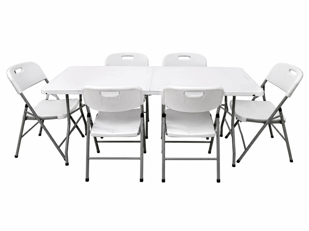 Pack Mesa Plegable Blanca 180 cm + 6 Sillas Reforzadas 200 kg