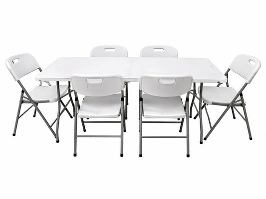 Pack Mesa Plegable Blanca 180 cm + 6 Sillas Reforzadas 200 kg