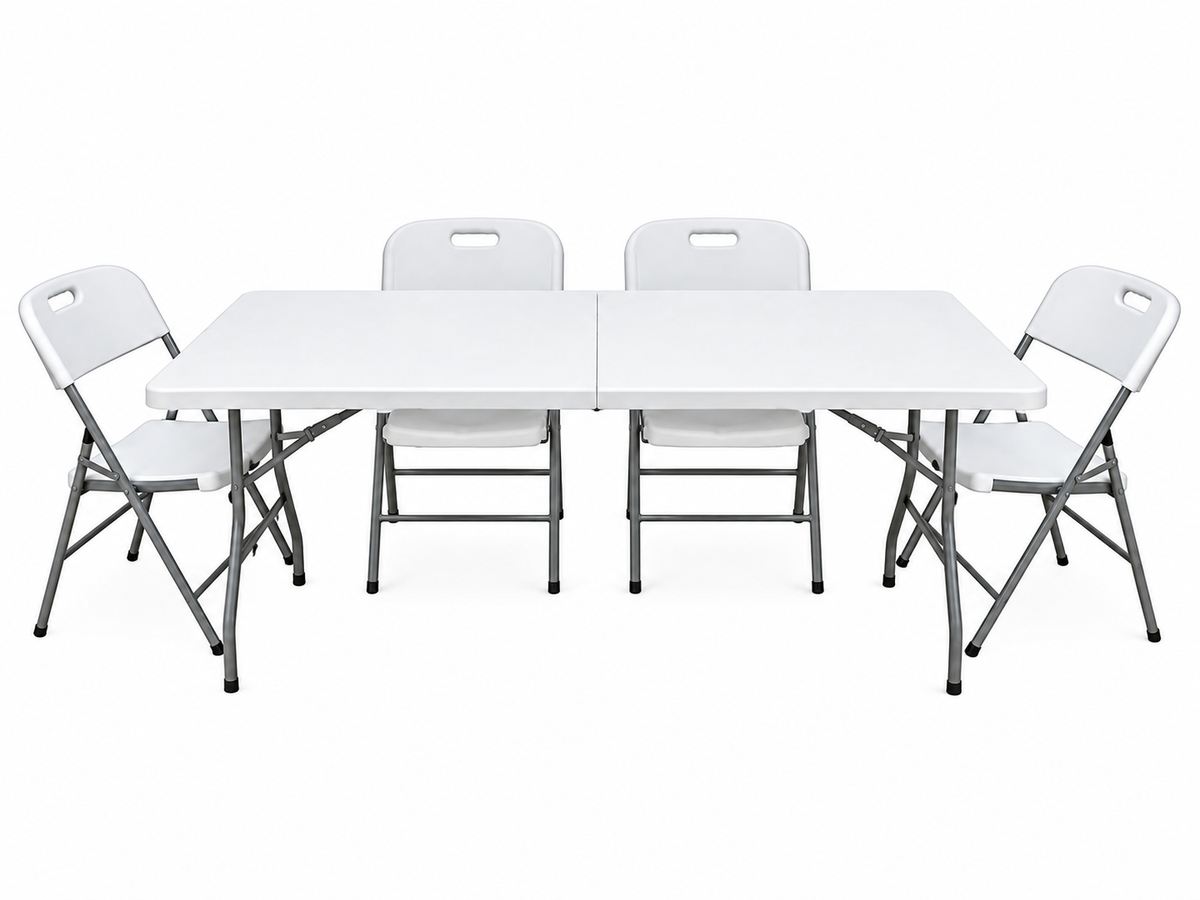 Pack Mesa Plegable Blanca 180 cm + 4 Sillas Reforzadas | Eventos y Banquetería