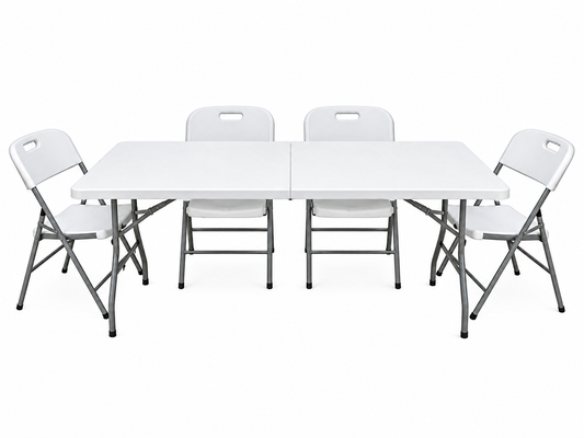 Pack Mesa Plegable Blanca 180 cm + 4 Sillas Reforzadas | Eventos y Banquetería