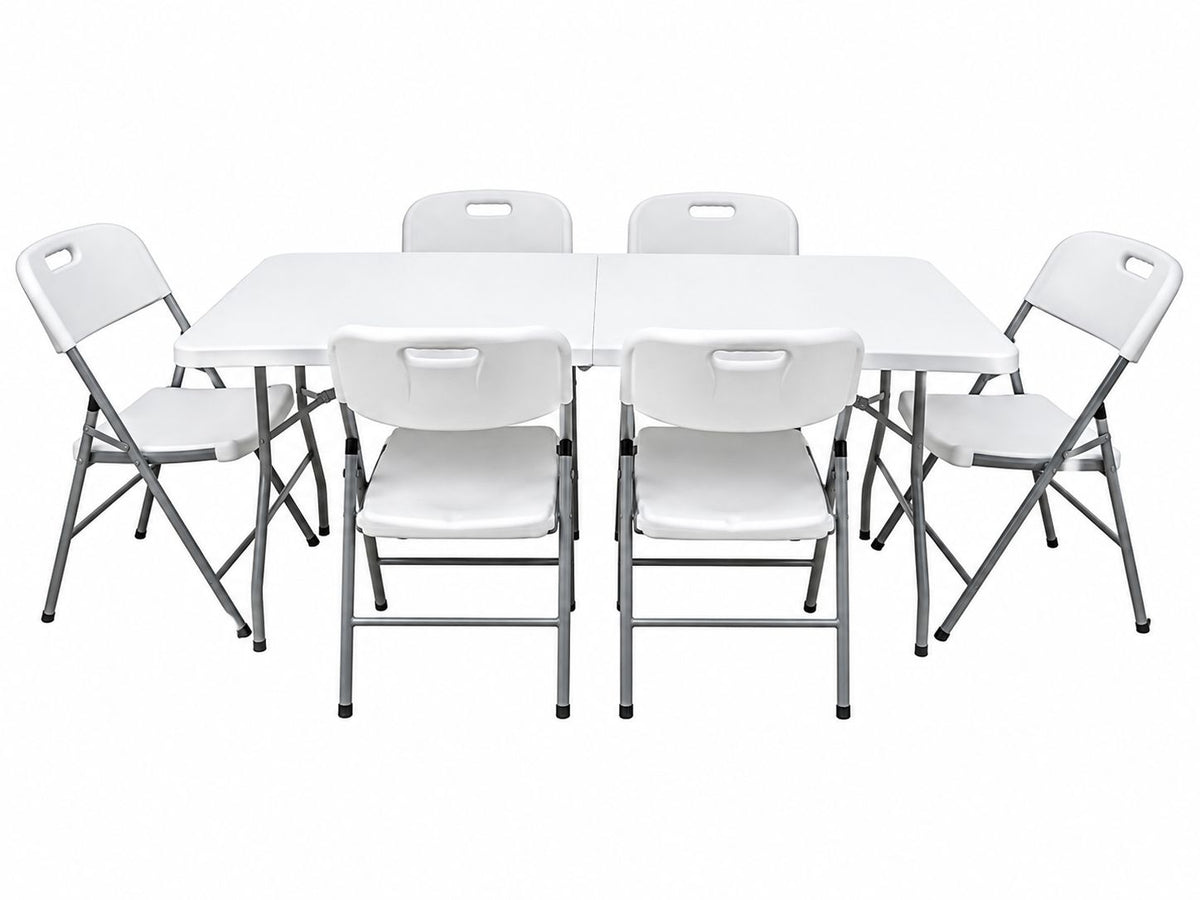 Pack Mesa Plegable Blanca 180 cm + 6 Sillas Reforzadas 200 kg