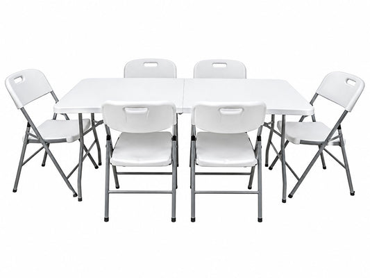 Pack Mesa Plegable Blanca 180 cm + 6 Sillas Reforzadas 200 kg