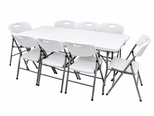 Pack Mesa Plegable Blanca 180 cm + 8 Sillas Reforzadas 200 kg